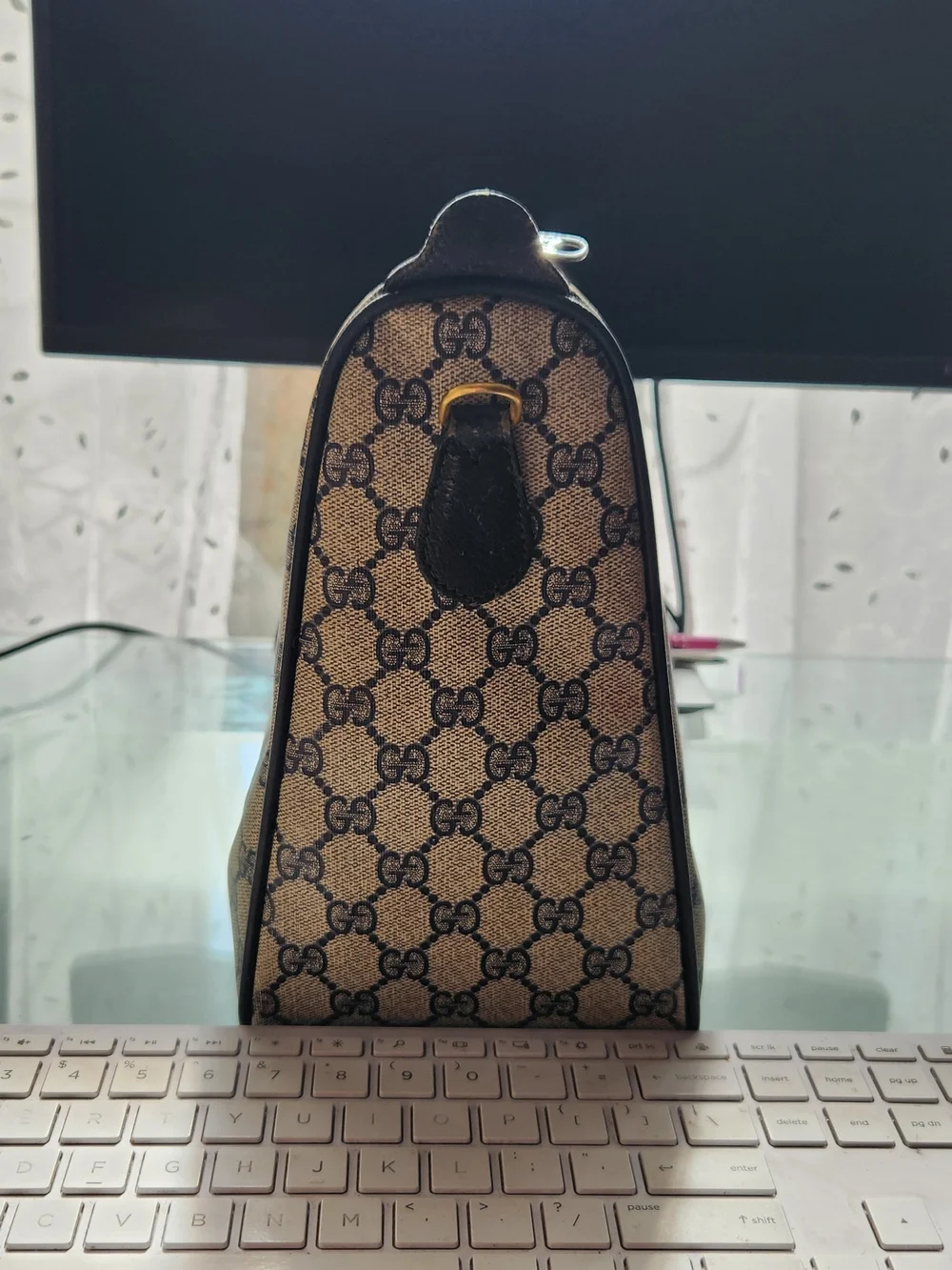 Gucci Beige GG Canvas Tote Bag with Black Trim